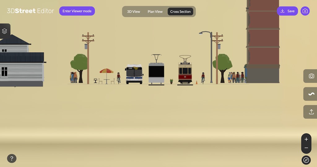 Screenshot of 3DStreet Editor with 3D cross section camera view selected.