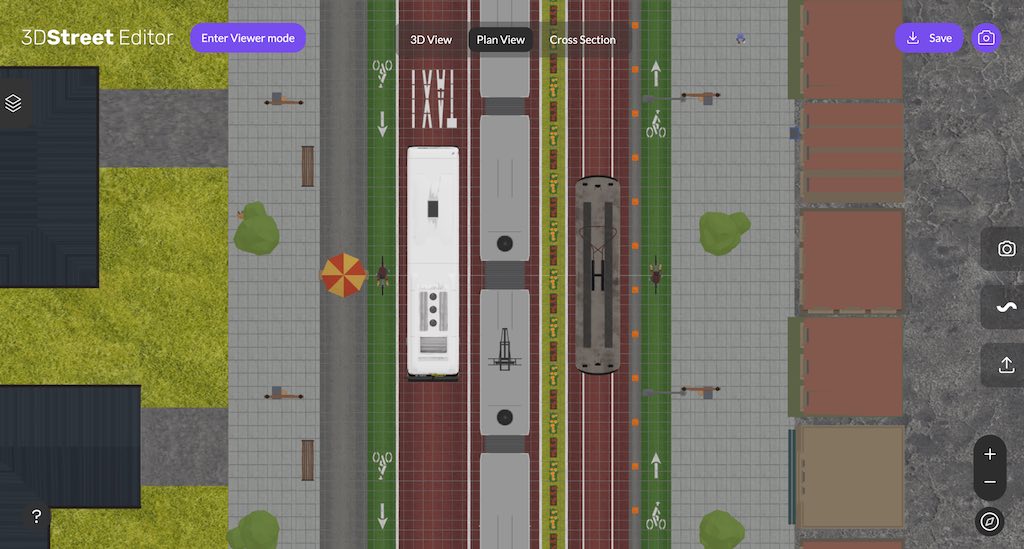 Screenshot of 3DStreet Editor with plan view (top-down) camera view selected.