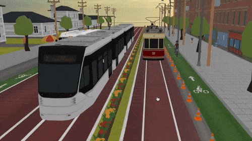 Animated gif of a user zooming in and out of a street scene using the 3DStreet Editor.